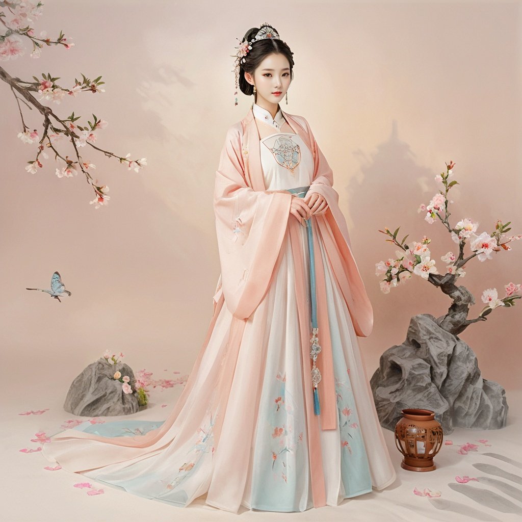  masterpiece, HanFu, 1 girl, solo, Lovely, Look at me, jewelry, necklace, hair ornament, Tea hair, full body, dress, chinese clothes, standing, tiara, White background wall, Peach blossom tree decoration, Potted plant, Petals on the ground, Landscape mural, Dunhuang, Photographic sets, Light and shadow, textured skin, super detail, best quality