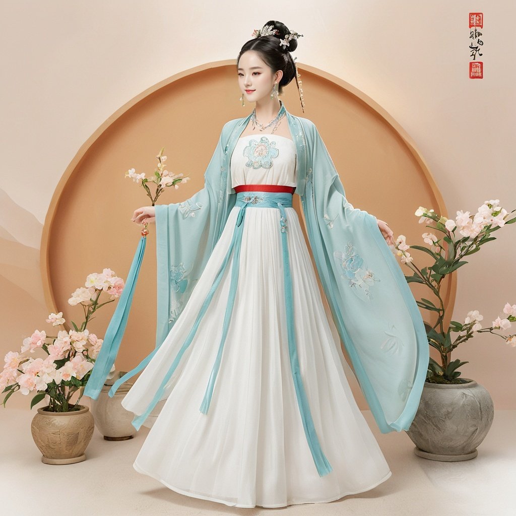  masterpiece, HanFu, 1girl, solo, Lovely, Look at me, jewelry, necklace, hair ornament, black hair, full body, dress, chinese clothes, standing, hair bun, tiara, White background wall, Pick flower carvings on the wall, rise and dance in a happy mood, Potted plant, Petals on the ground, Dunhuang dress, textured skin, super detail, best quality