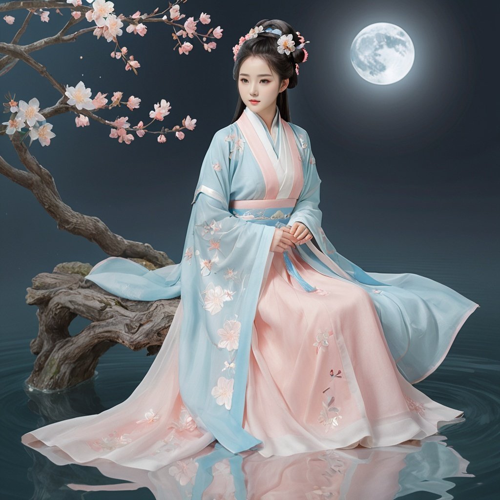  masterpiece, HanFu, 1 girl, (Blue Han suit:1.1), Look at me, incredibly_absurdres, refined rendering, night, among stars, (full moon:1.3), sitting on the tree, Black hair, little double bun, floating ribbon, (peach blossom:1.2), flowers, tree, flower, Petals on water, floating Petals, highly detailed, HanFu, CG unity, perfect hands, Mid-Autumn Festival, textured skin, super detail, best quality