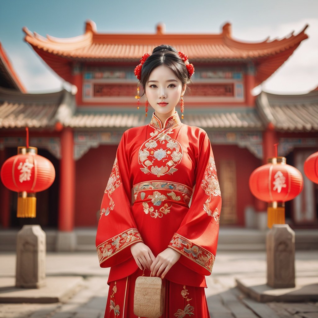  A cute Chinese girl in a red traditional wedding dress looking at me tenderly. Behind her is a typical Chinese building, surrounded by rich details such as red lanterns, festive couplets, and lively crowds. High-resolution image, full body shot, intricate details, photorealistic, trending on artstation, trending on deviantart, vibrant colors, warm atmosphere, traditional Chinese architecture, cultural celebration.