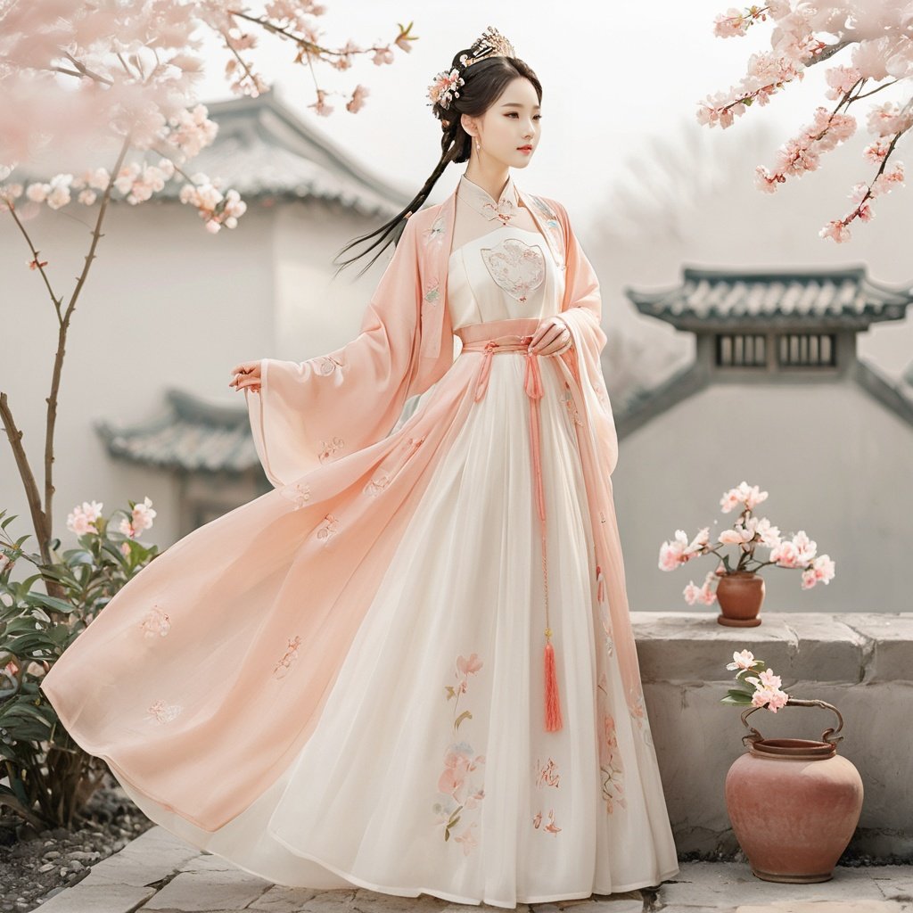  masterpiece, HanFu, 1 girl, solo, Lovely, Look at me, jewelry, necklace, hair ornament, Tea hair, full body, dress, chinese clothes, standing, tiara, White background wall, Peach tree, Potted plant, Petals on the ground, Landscape mural, Photographic sets, Light and shadow, textured skin, super detail, best quality
