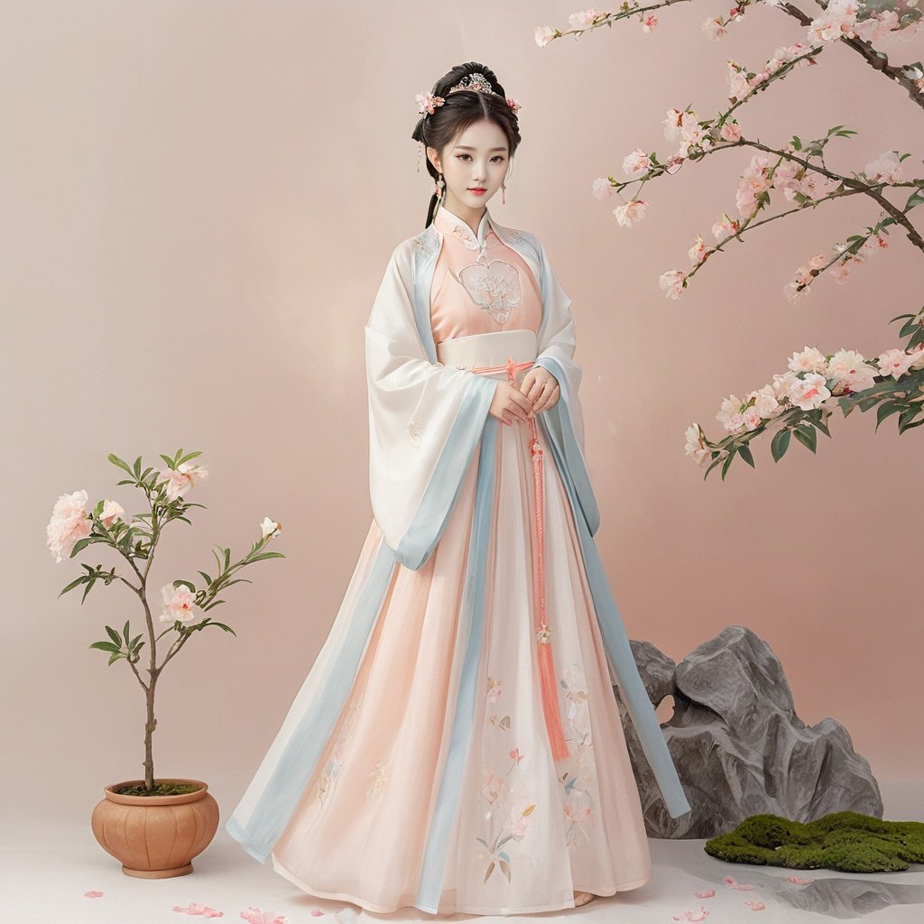  masterpiece, HanFu, 1 girl, solo, Lovely, Look at me, jewelry, necklace, hair ornament, Tea hair, full body, dress, chinese clothes, standing, tiara, White background wall, Peach tree, Potted plant, Petals on the ground, Landscape mural, Photographic sets, Light and shadow, Chinese clothing with gradual change of color, textured skin, super detail, best quality