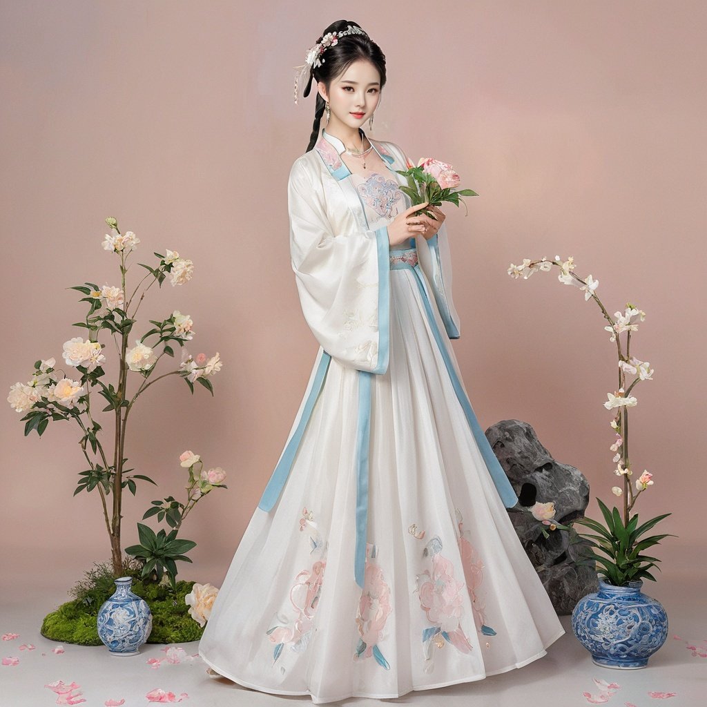  masterpiece, HanFu, 1girl, solo, Lovely, Look at me, jewelry, necklace, hair ornament, black hair, full body, dress, chinese clothes, standing, hair bun, tiara, Black background wall, Pick flower carvings on the wall, rise and dance in a happy mood, Potted plant, Petals on the ground, Chinese horse face skirt, textured skin, super detail, best quality