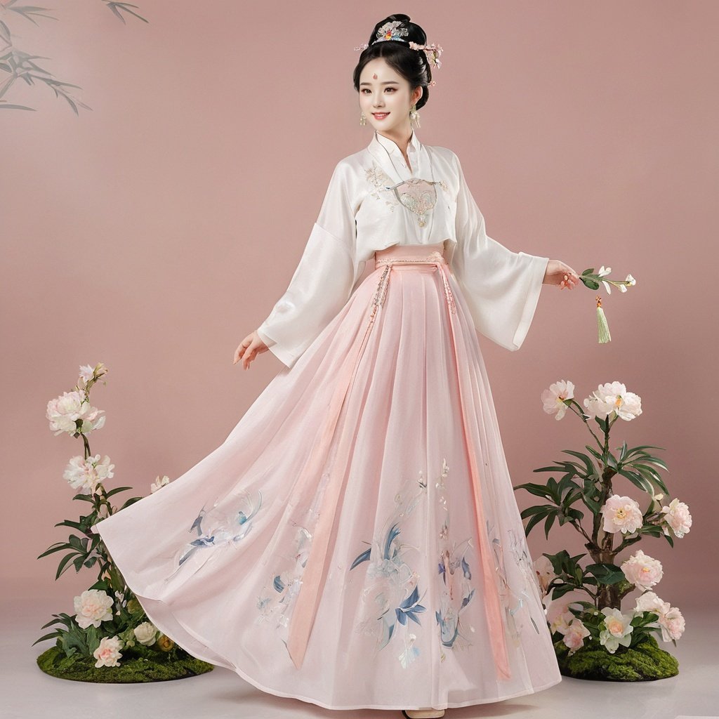  masterpiece, HanFu, 1girl, solo, Lovely, Look at me, jewelry, necklace, hair ornament, black hair, full body, dress, chinese clothes, standing, hair bun, tiara, Black background wall, Pick flower carvings on the wall, rise and dance in a happy mood, Potted plant, Petals on the ground, Chinese horse face skirt, textured skin, super detail, best quality