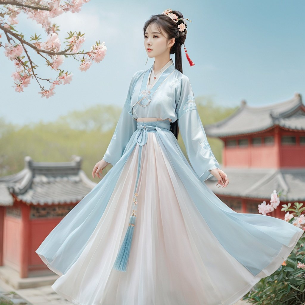  masterpiece, HanFu, 1 girl, 18 years old, Lovely, Exquisite, Sweet, Asian girl, Wearing Chinese clothes., Chinese clothing, Long skirt, Tassel, Pendant, Head flower, Hairpin, jewelry, Outdoors, Garden, Chinese architecture, Light blue sky, Clouds, Peach blossom, Sense of reality, Realism, textured skin, super detail, best quality