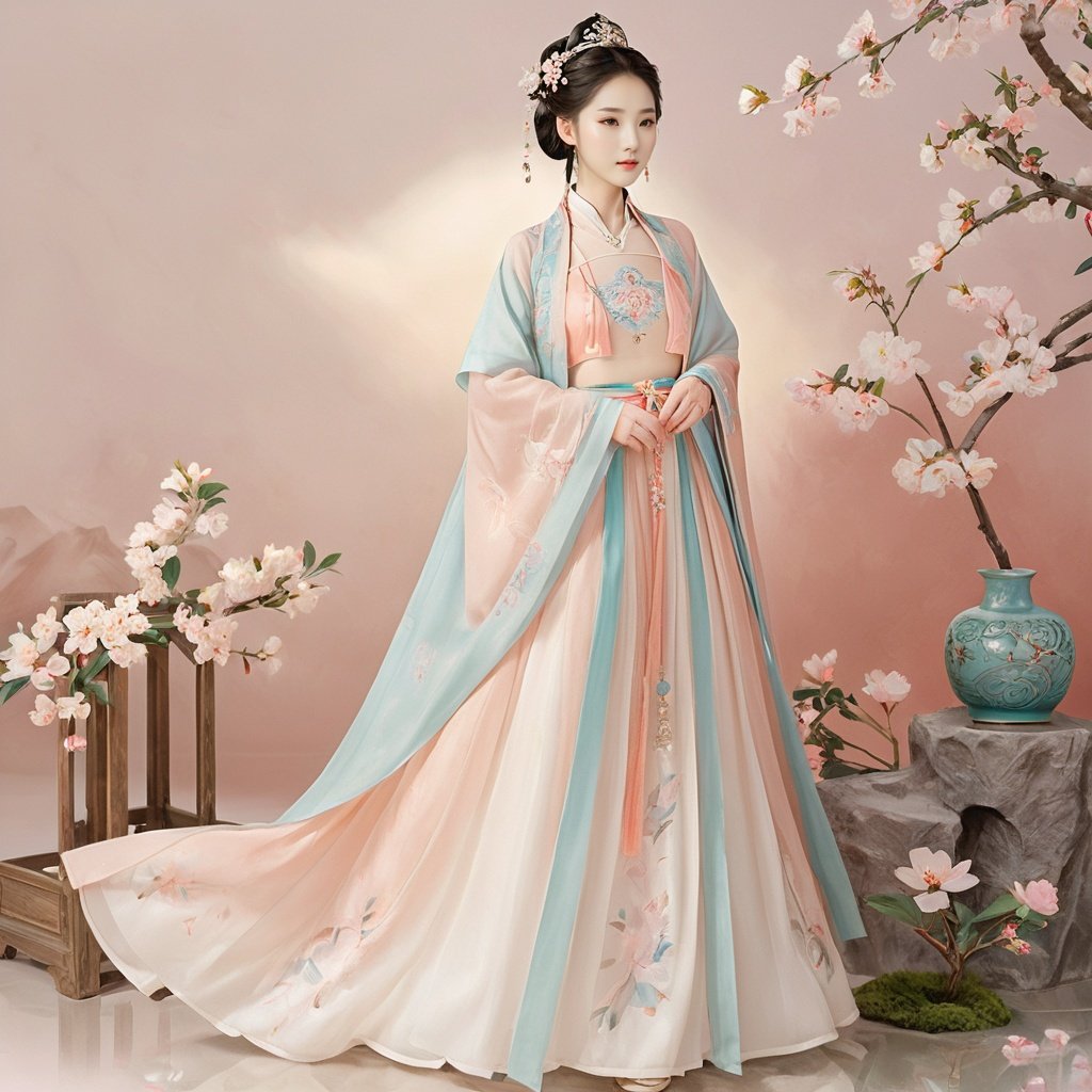  masterpiece, HanFu, 1 girl, solo, Lovely, Look at me, jewelry, necklace, hair ornament, Tea hair, full body, dress, chinese clothes, standing, tiara, White background wall, Peach blossom tree decoration, Potted plant, Petals on the ground, Landscape mural, Dunhuang, Photographic sets, Light and shadow, textured skin, super detail, best quality 