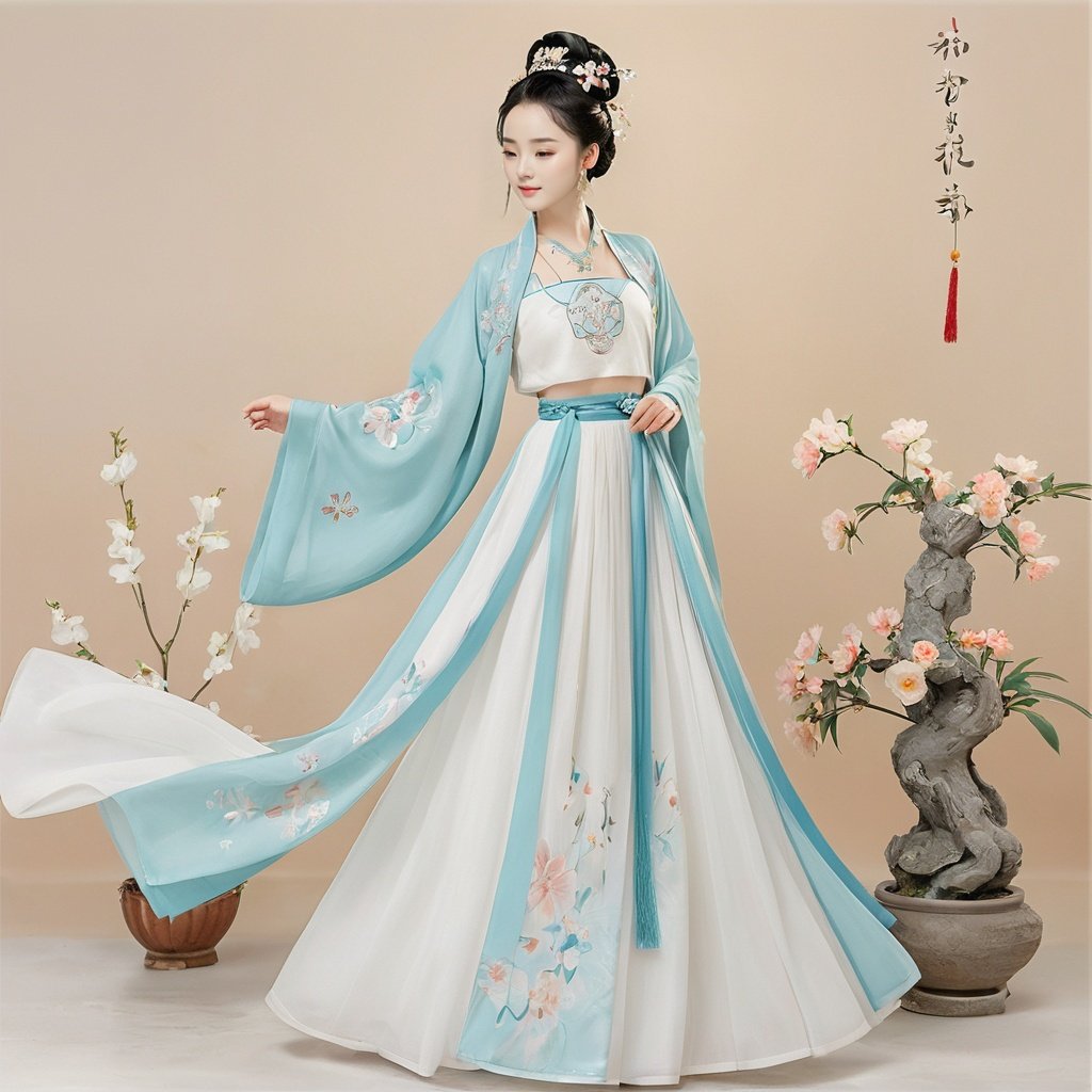  masterpiece, HanFu, 1girl, solo, Lovely, Look at me, jewelry, necklace, hair ornament, black hair, full body, dress, chinese clothes, standing, hair bun, tiara, White background wall, Pick flower carvings on the wall, rise and dance in a happy mood, Potted plant, Petals on the ground, Dunhuang dress, textured skin, super detail, best quality
