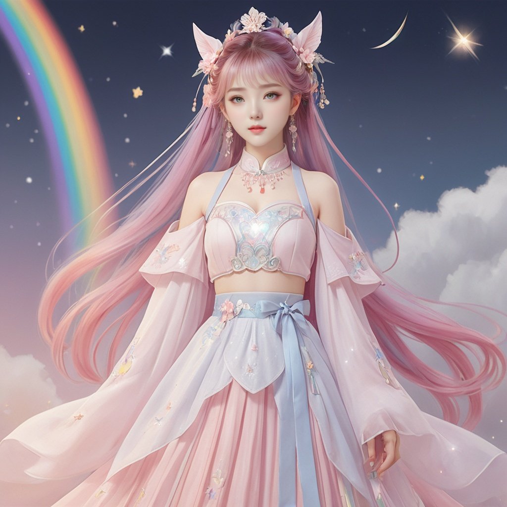  extremely detailed CG, 8k_wallpaper, masterpiece, watercolor_, medium, beautiful detailed starry sky, cinmatic lighting, princess, very long rainbow hair, looking at viewer, full body, frills, far from viewer, extremely detailed face, an extremely delicate and beautiful girl, extremely detailed cute anime face, extremely detailed eyes, extremely detailed body, ultra detailed, bare stomach, bare shoulder, small breast, sideboob, floating and rainbow hair, Iridescence and rainbow hair, Iridescence and rainbow eyes, beautiful detailed hair, beautiful detailed dress, dramatic angle, expressionless, big top sleeves, frills, blush, ahoge, hanfu, Chinese horse face skirt, illustration, best quality