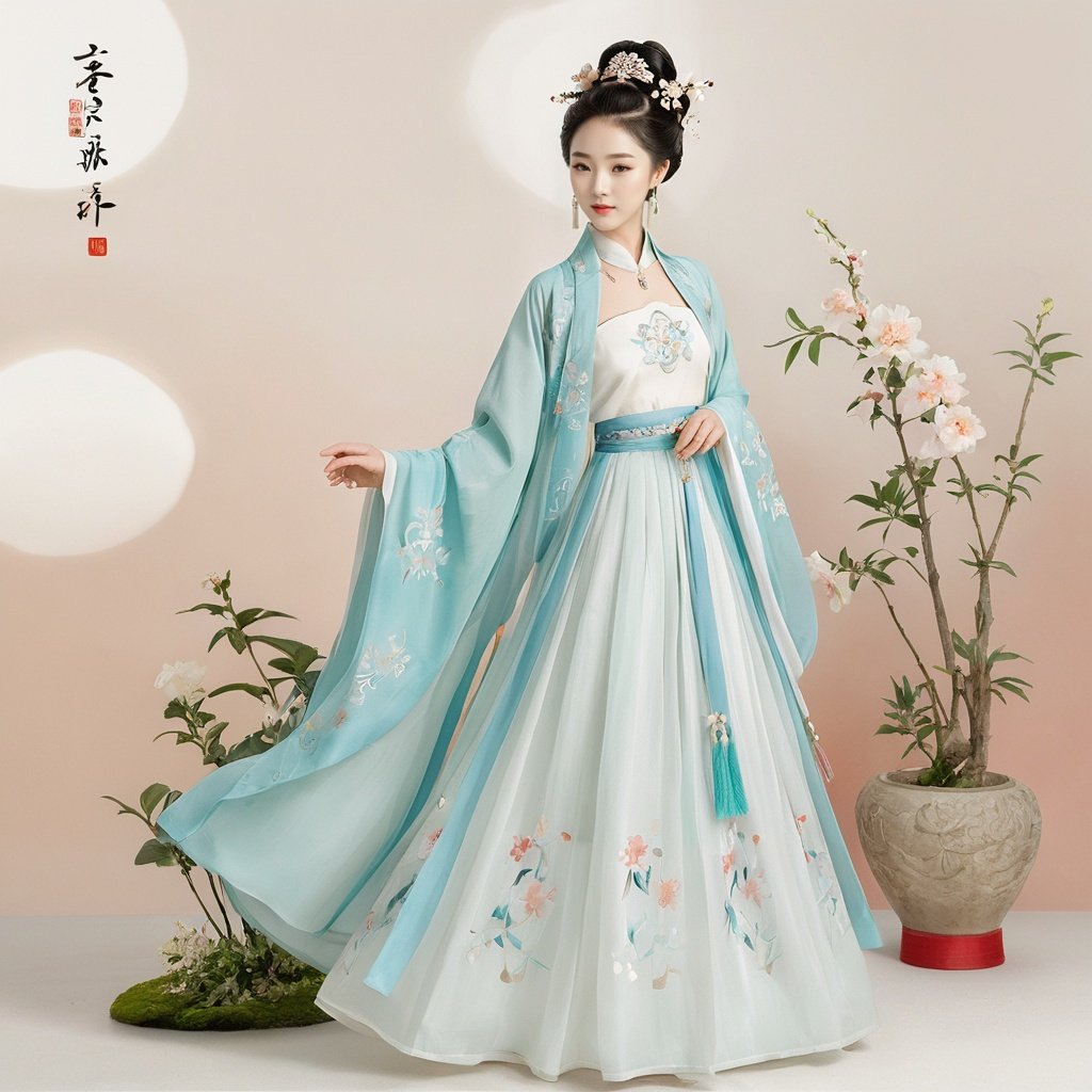  masterpiece, HanFu, 1girl, solo, Lovely, Look at me, jewelry, necklace, hair ornament, black hair, full body, dress, chinese clothes, standing, hair bun, tiara, White background wall, Pick flower carvings on the wall, rise and dance in a happy mood, Potted plant, Petals on the ground, Dunhuang dress, textured skin, super detail, best quality
