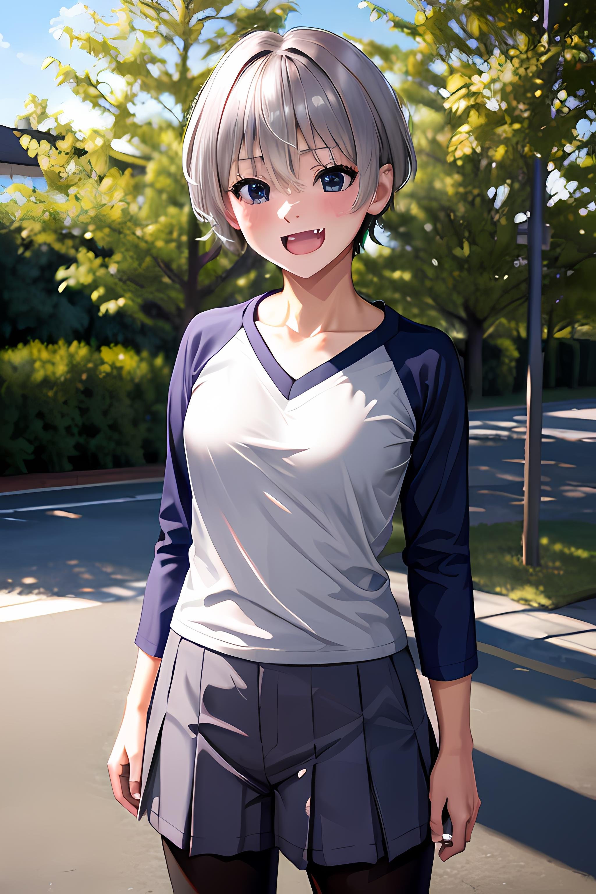 uzaki, uzaki hana, uzaki chan wants to hang out, masterpiece, best quality, highres, shirt, collarbone, fang, short hair, silver hair, fang, outdoors, school uniform, (((realistic))), ultra realistic, highres, absurdres, incredibly absurdres, 4k, <lora:Uzaki:0.8> 