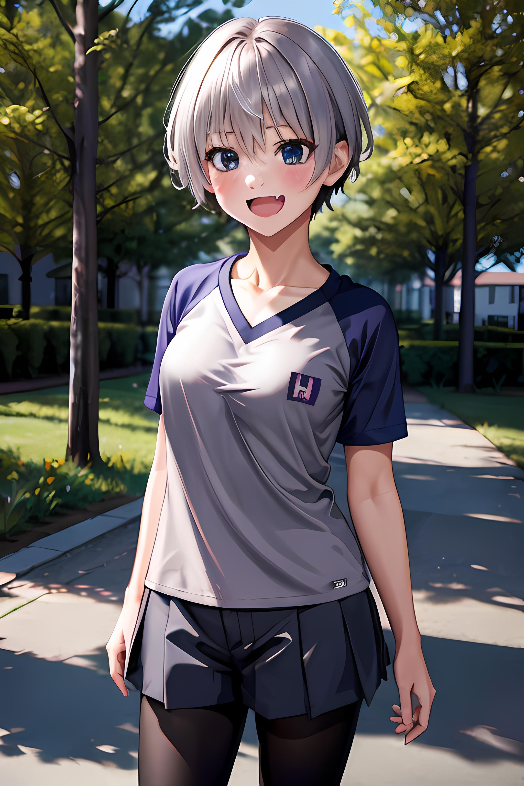 uzaki, uzaki hana, uzaki chan wants to hang out, masterpiece, best quality, highres, shirt, collarbone, fang, short hair, silver hair, fang, outdoors, school uniform, (((realistic))), ultra realistic, highres, absurdres, incredibly absurdres, 4k, <lora:Uzaki:0.8> 