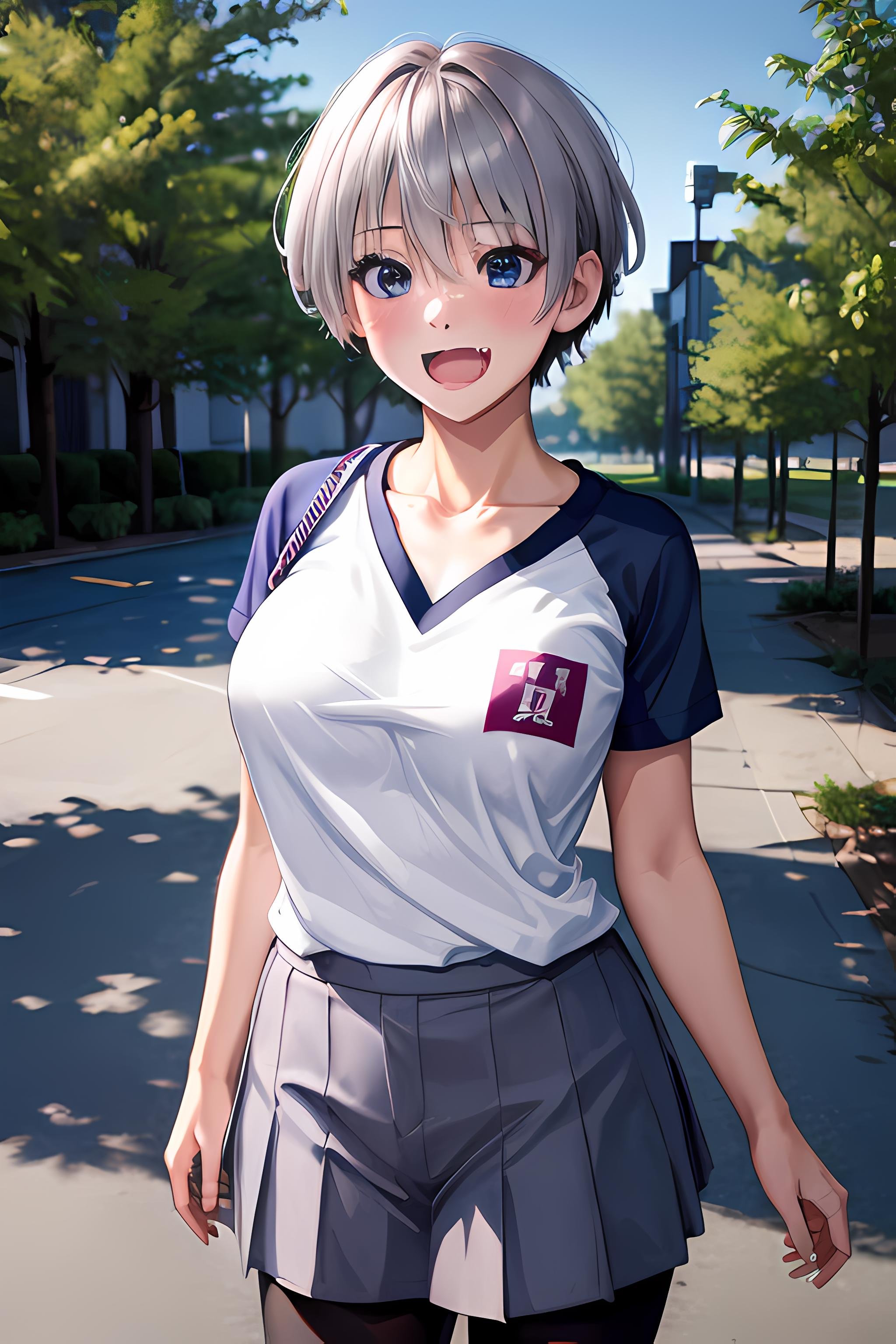 uzaki, uzaki hana, uzaki chan wants to hang out, masterpiece, best quality, highres, shirt, collarbone, fang, short hair, silver hair, fang,  large breasts, huge breasts, outdoors, school uniform, (((realistic))), ultra realistic, highres, absurdres, incredibly absurdres, 4k, <lora:Uzaki:0.8> 