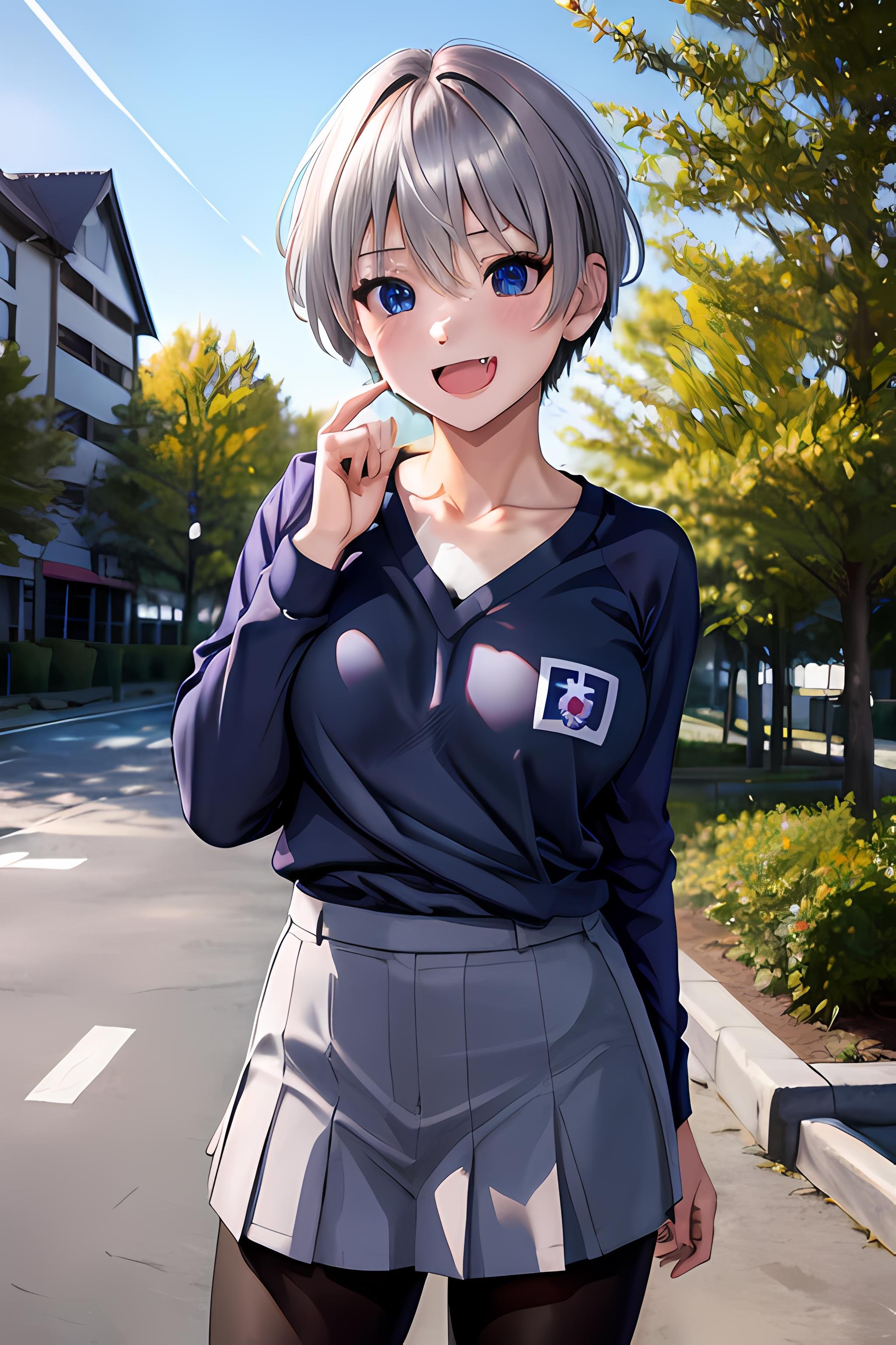 uzaki, uzaki hana, uzaki chan wants to hang out, masterpiece, best quality, highres, shirt, collarbone, fang, short hair, silver hair, fang,  large breasts, huge breasts, outdoors, school uniform, (((realistic))), ultra realistic, highres, absurdres, incredibly absurdres, 4k, <lora:Uzaki:0.8> 