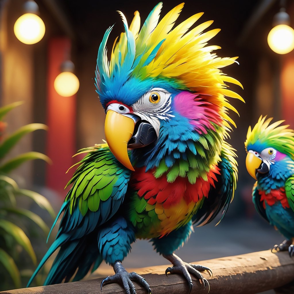 (a mischievous, feathery monster with a resemblance to a mischievous parrot, sporting vibrant, colorful plumage, an array of expressive beaks, and a penchant for playful mimicry and chatter), 8k octane render, high detail, masterpiece, hyperdetailed, intricate details,