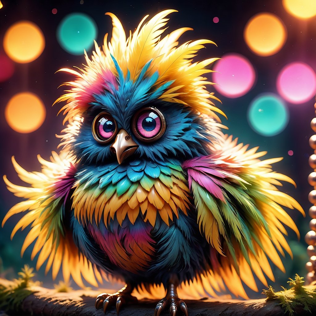 (a whimsical, colorful feathery monster that resembles a fluffy, oversized chick with a button-like eye), 8k octane render, high detail, masterpiece, hyperdetailed, intricate details, 8K resolution, Cinema 4D, Behance HD, Unreal Engine 5, rendered in Blender, sci-fi, futuristic, trending on Artstation, epic, cinematic background, dramatic, atmospheric, (masterpiece, best quality:1.2), Professional photography, bokeh, natural lighting, canon lens, shot on dslr 64 megapixels sharp focus, complex,Renaissance Sci-Fi Fantasy,cyborg style