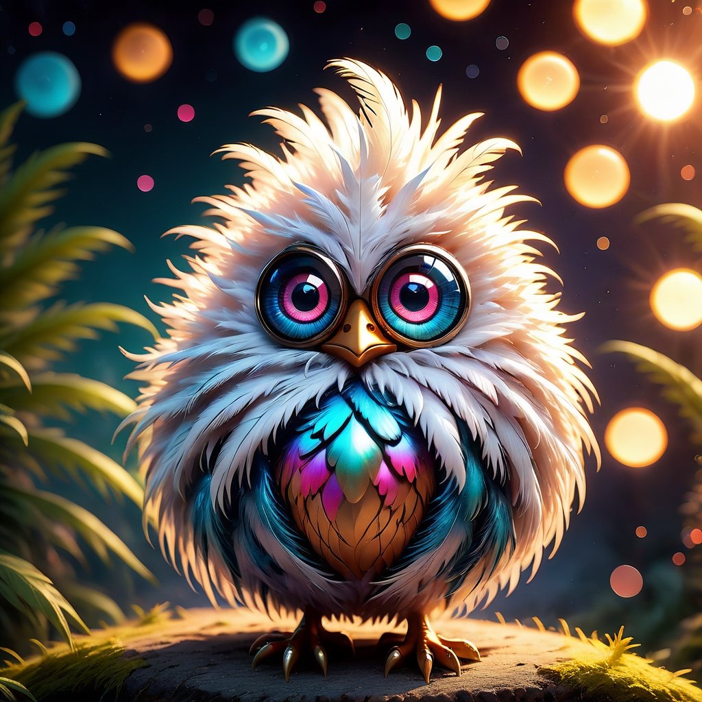 (a whimsical, colorful feathery monster that resembles a fluffy, oversized chick with a button-like eye), 8k octane render, high detail, masterpiece, hyperdetailed, intricate details, 8K resolution, Cinema 4D, Behance HD, Unreal Engine 5, rendered in Blender, sci-fi, futuristic, trending on Artstation, epic, cinematic background, dramatic, atmospheric, (masterpiece, best quality:1.2), Professional photography, bokeh, natural lighting, canon lens, shot on dslr 64 megapixels sharp focus, complex,Renaissance Sci-Fi Fantasy,cyborg style