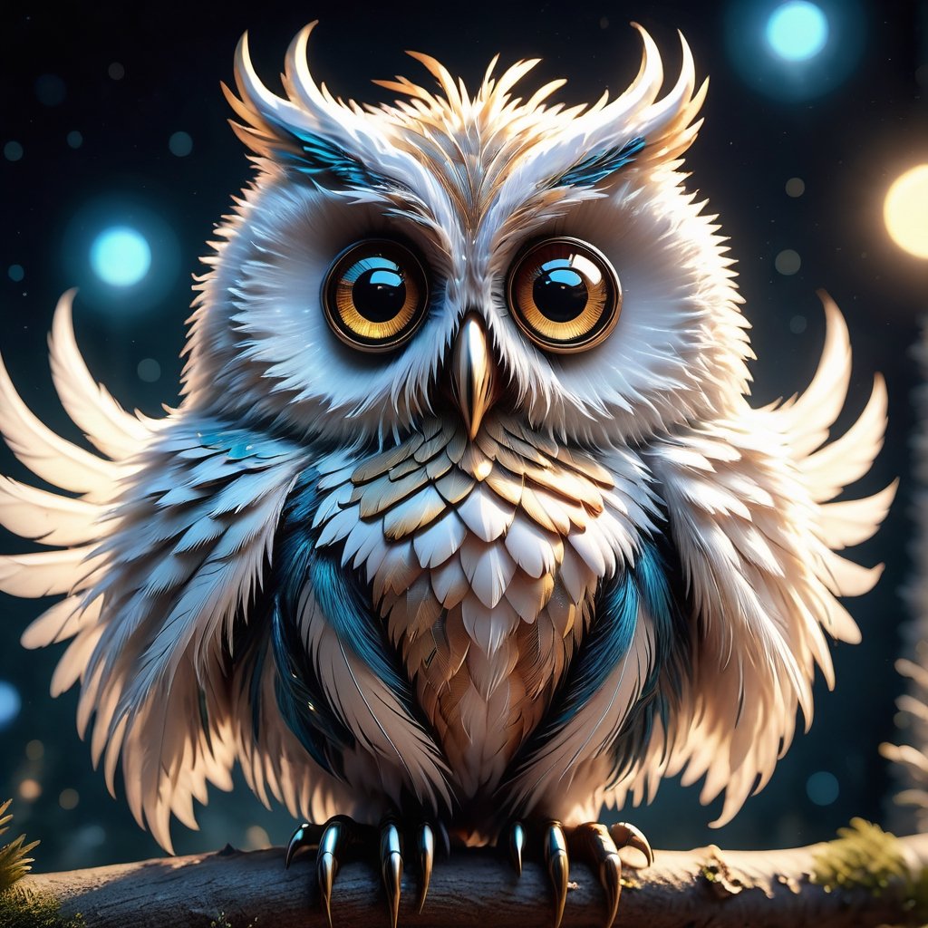 (feathery monster that resembles a celestial owl with downy plumage in light cute atmosphere), 8k octane render, high detail, masterpiece, hyperdetailed, intricate details,