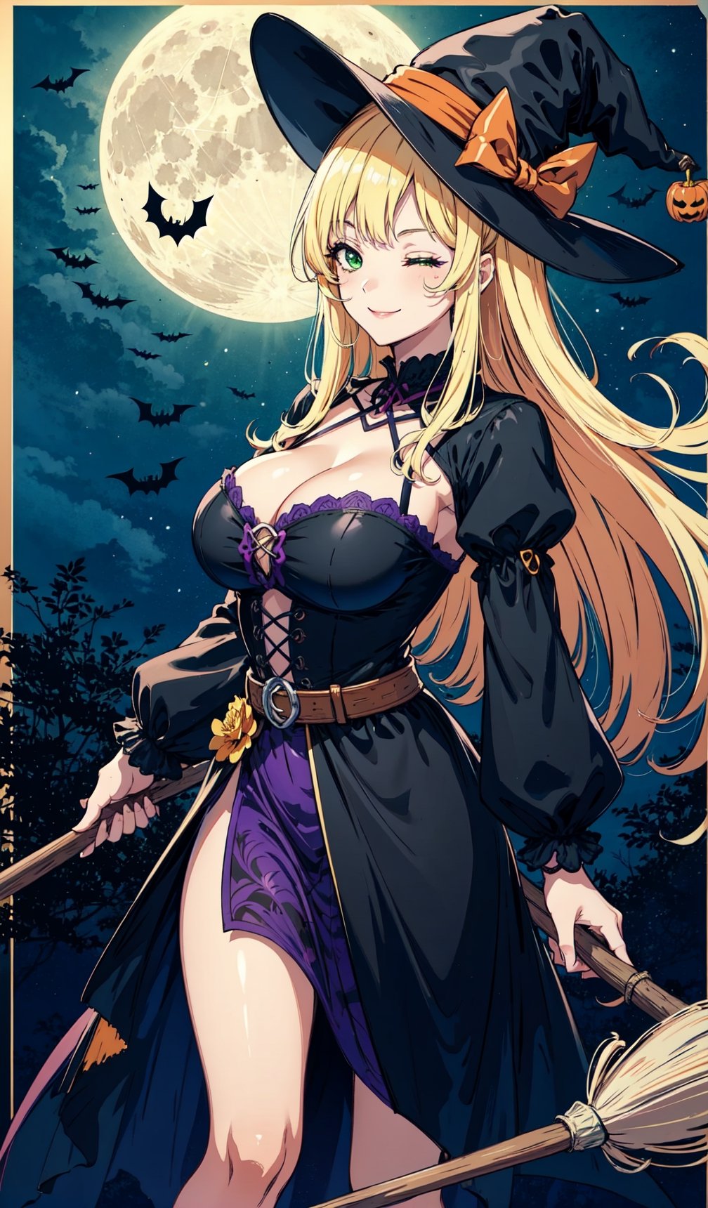 better witch, large breasts, witch, witch hat, long hair, blonde hair, one eye closed, dress, solo, bat (animal), broom riding, sidesaddle, night, cleavage, night sky, moon, halloween, 1girl, purple dress, looking at viewer, halloween costume, smile, broom, green eyes, full moon, sky, purple headwear, very long hair