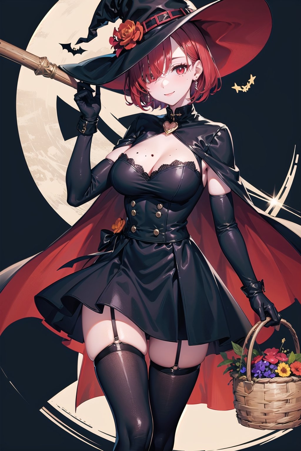 better witch, black background, large breasts, thighhighs, jewelry, witch hat, elbow gloves, witch, holding basket, black gloves, holding, dress, solo, short hair, basket, black cape, vial, cleavage, mole under eye, gloves, black headwear, halloween, 1girl, red eyes, mole, red hair, looking at viewer, holding staff, smile, earrings, hair over one eye, staff, black dress