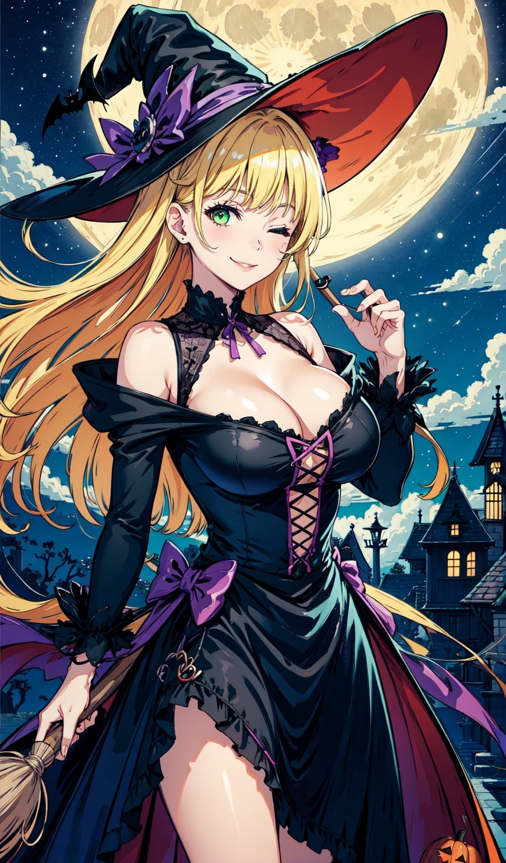 better witch, large breasts, witch, witch hat, long hair, blonde hair, one eye closed, dress, solo, bat (animal), broom riding, sidesaddle, night, cleavage, night sky, moon, halloween, 1girl, purple dress, looking at viewer, halloween costume, smile, broom, green eyes, full moon, sky, purple headwear, very long hair