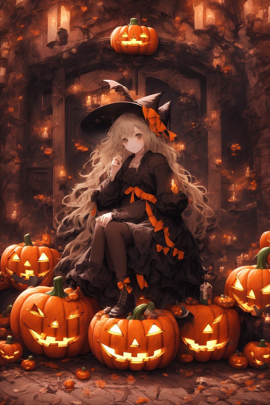  Best quality, 8k, cg,1girl,Halloween Dressing,jack-o'-lantern,basketball,candle,black_footwear,black_headwear,autumn_leaves