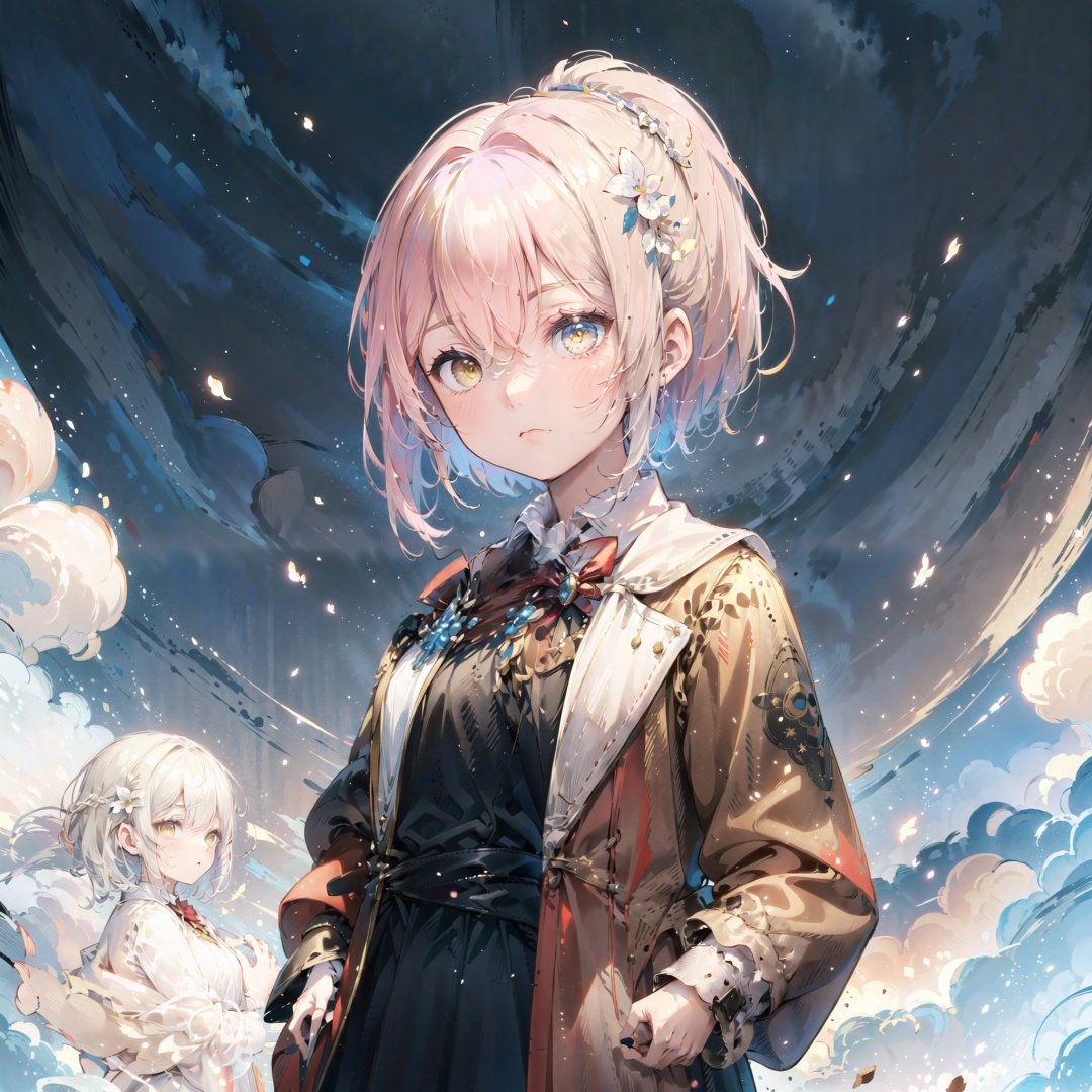 (best quality), ((masterpiece)), (highres), original, extremely detailed wallpaper, (an extremely delicate and beautiful),(loli),(petite),Pink hair,Yellow eyes, (red Jacket),high ponytail,white collared shirt,hair flower,fipped hair,floating hair,Frown,hands in pockets,black dress,red bowtie,(solo)