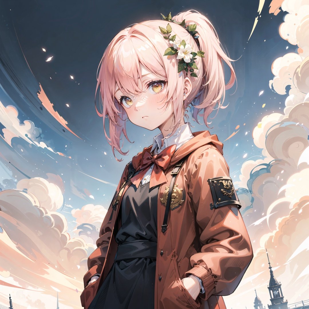 (best quality), ((masterpiece)), (highres), original, extremely detailed wallpaper, (an extremely delicate and beautiful),(loli),(petite),Pink hair,Yellow eyes, (red Jacket),high ponytail,white collared shirt,hair flower,fipped hair,floating hair,Frown,hands in pockets,black dress,red bowtie,(solo),<lora:wuguang:0.2>