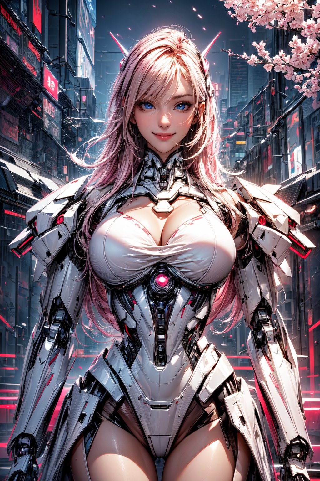 Masterpiece, High quality, 64K, Unity 64K Wallpaper, HDR, Best Quality, RAW, Super Fine Photography, Super High Resolution, Super Detailed, 
Beautiful and Aesthetic, Stunningly beautiful, Perfect proportions, 
1girl, Solo, White skin, Detailed skin, Realistic skin details, (Mecha:1.5)
Futuristic Mecha, Arms Mecha, Dynamic pose, Battle stance, Swaying hair, by FuturEvoLab, 
Dark City Night, Cyberpunk City, Cyberpunk architecture, Future architecture, Fine architecture, Accurate architectural structure, Detailed complex busy background, Gorgeous, Cherry blossoms,
Sharp focus, Perfect facial features, Pure and pretty, Perfect eyes, Lively eyes, Elegant face, Delicate face, Exquisite face, Pink Mecha, 