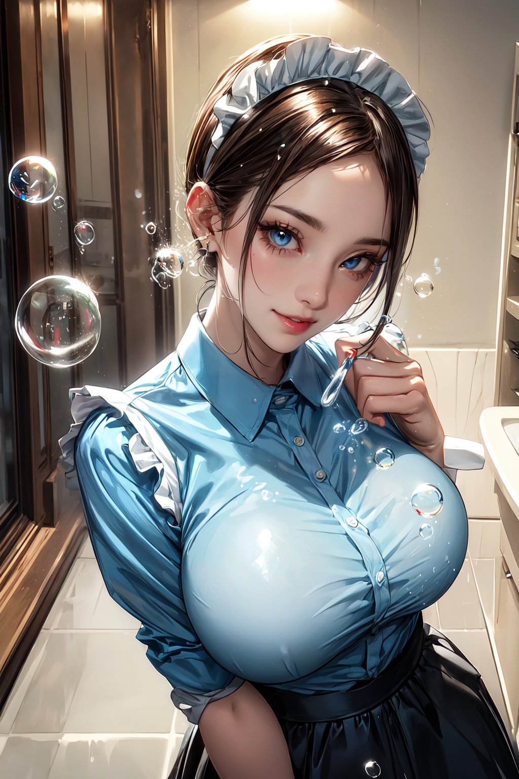 masterpiece,best quality,ultra detailed,4K,super fine illustration,highly detailed beautiful face and eyes,(Fluffy:1.2),fuwafuwa,professional lighting,1girl,loli,gigantic breasts,glamor,(traditional maid collared shirt:1.3),long skirt,long hair,(cleaning with a sponge:1.2),dynamic pose,(bubbles:1.3),(covered in bubbles:1.4),floating bubbles,in bath room,indoors,dynamic angle,