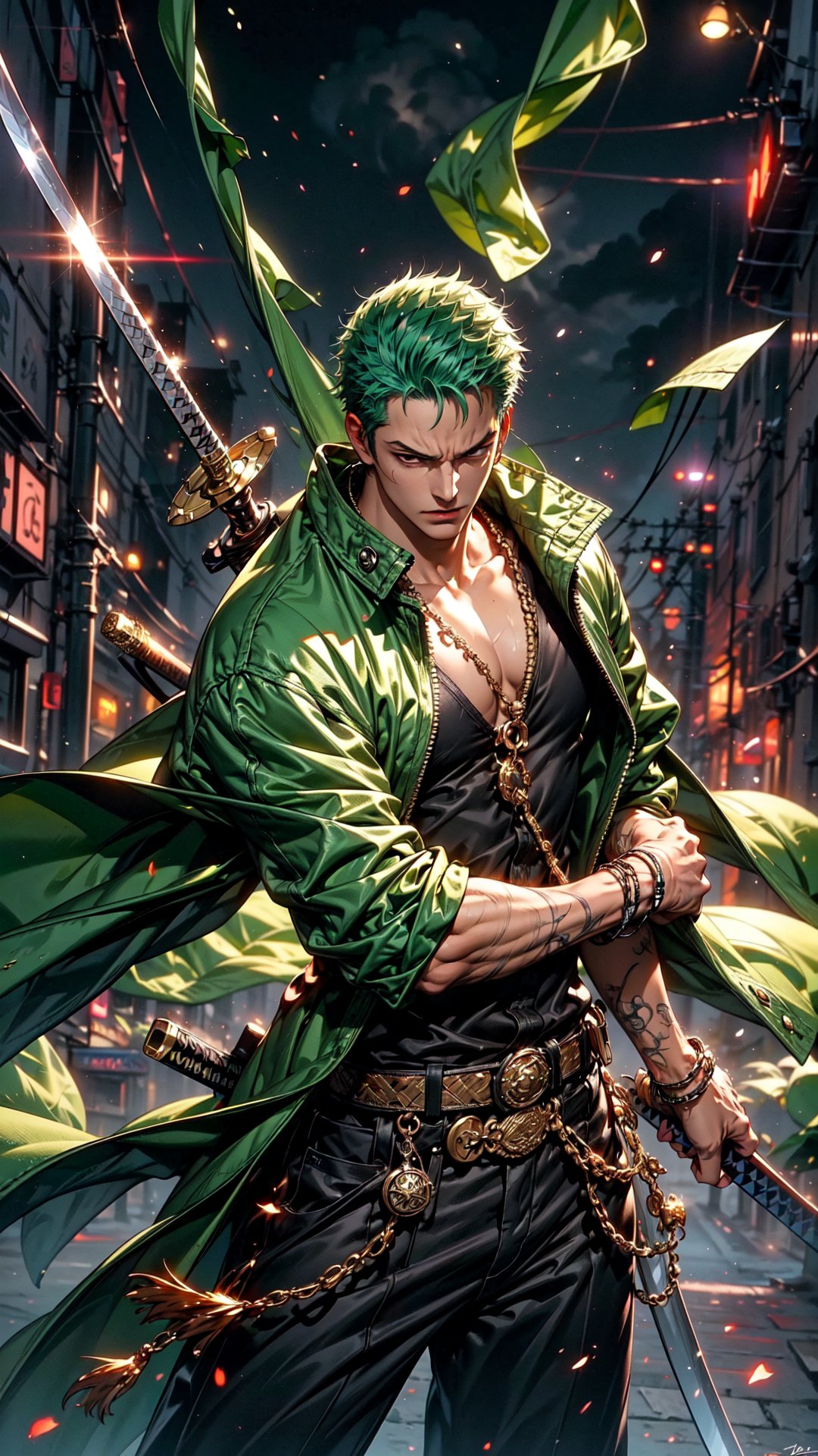  Roronoa Zoro, the iconic character from the One Piece anime:

"Generate a striking and highly detailed visual representation of the legendary swordsman, Roronoa Zoro, from the One Piece anime. Zoro is known for his distinctive appearance and formidable skills.

His hair is a vibrant shade of green, complementing his determined brown eyes. He stands tall and resolute, exuding an air of strength and unwavering determination. Zoro is clad in his signature green outfit, complete with a white haramaki and a bandana.

In his skilled hands, he wields not one but two katana swords, each one unique and finely detailed. The swords should be a reflection of his mastery and the essence of his character.

This image should capture the essence of Zoro's iconic appearance, showcasing his powerful presence and his status as one of the most beloved characters in the One Piece series." Photographic cinematic super super high detailed super realistic image, 8k HDR super high quality image, masterpiece,perfecteyes,zoro, ((perfect hands)), ((super high detailed image)), ((perfect swords)), ,Cyberpunk