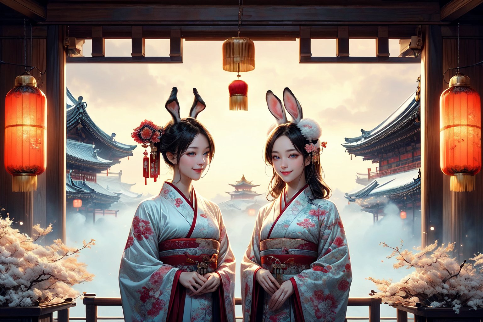 In a Japanese New Year's Eve night scene, two anime-style girls, one with rabbit ears and the other with dragon horns, are praying together. In the background, a large Joya no Kane (New Year's Eve bell) is visible. Both girls are smiling gently and are wearing traditional kimonos with chokers. The atmosphere is serene and spiritual, with a snowy background and the dimly lit temple, reflecting the peacefulness of the New Year's Eve in Japan.