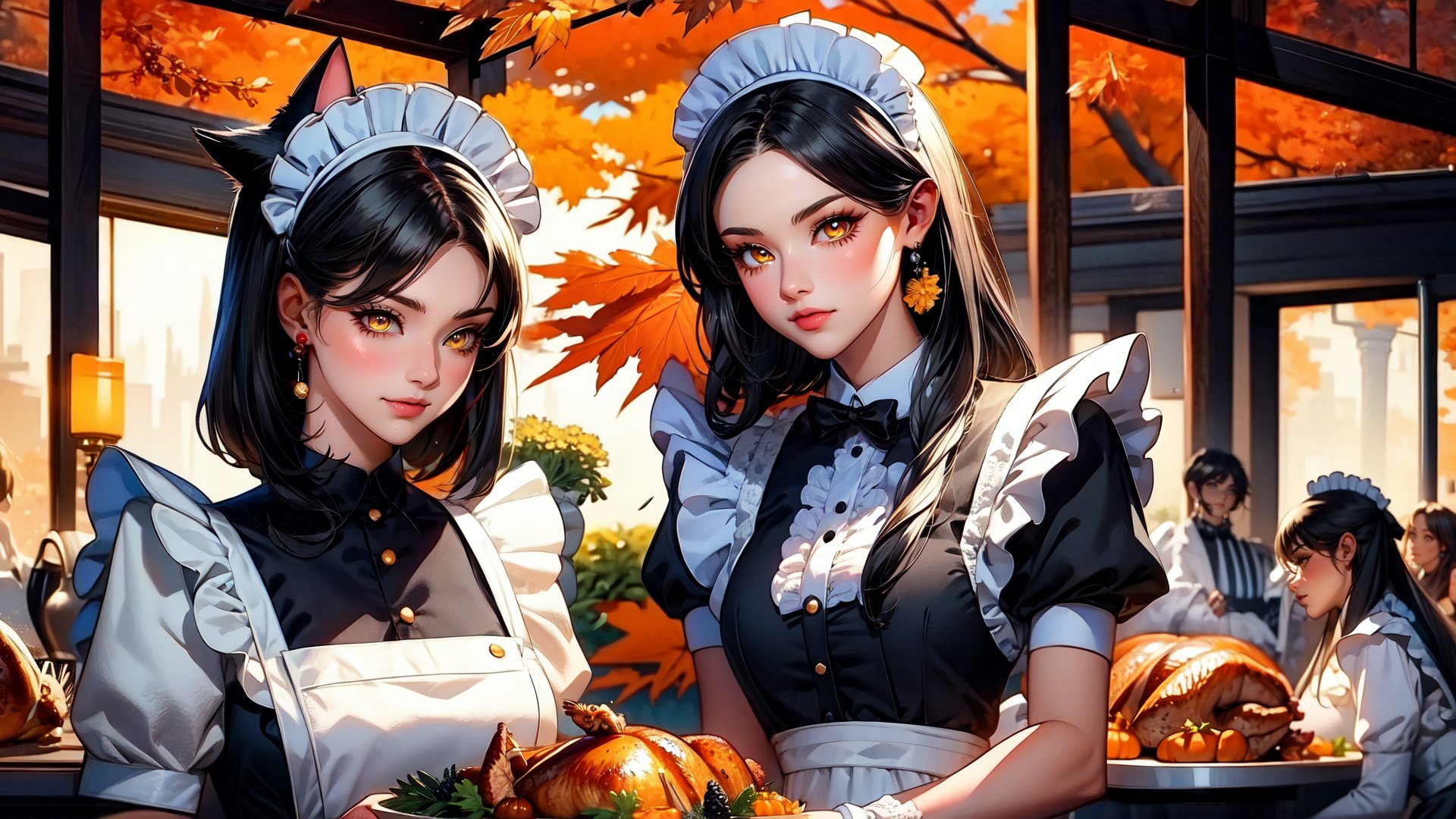 (masterpiece), (thanksgiving:1.4), (2girls, multiple girls:1.2), maid apron, (maid headdress:1.2), silver hair, purple eyes, BREAK, black hair, cat ears, medium breasts, (yellow eyes:1.1),Cyberpunk,Thanksgiving turkey