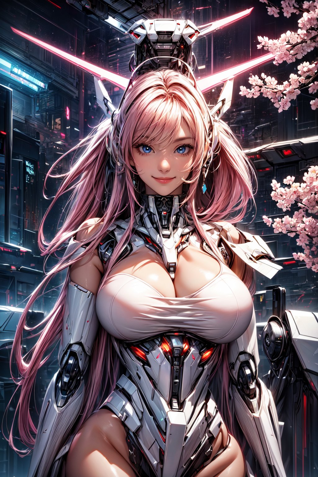 Masterpiece, High quality, 64K, Unity 64K Wallpaper, HDR, Best Quality, RAW, Super Fine Photography, Super High Resolution, Super Detailed, 
Beautiful and Aesthetic, Stunningly beautiful, Perfect proportions, 
1girl, Solo, White skin, Detailed skin, Realistic skin details, (Mecha:1.5)
Futuristic Mecha, Arms Mecha, Dynamic pose, Battle stance, Swaying hair, by FuturEvoLab, 
Dark City Night, Cyberpunk City, Cyberpunk architecture, Future architecture, Fine architecture, Accurate architectural structure, Detailed complex busy background, Gorgeous, Cherry blossoms,
Sharp focus, Perfect facial features, Pure and pretty, Perfect eyes, Lively eyes, Elegant face, Delicate face, Exquisite face, Pink Mecha, 