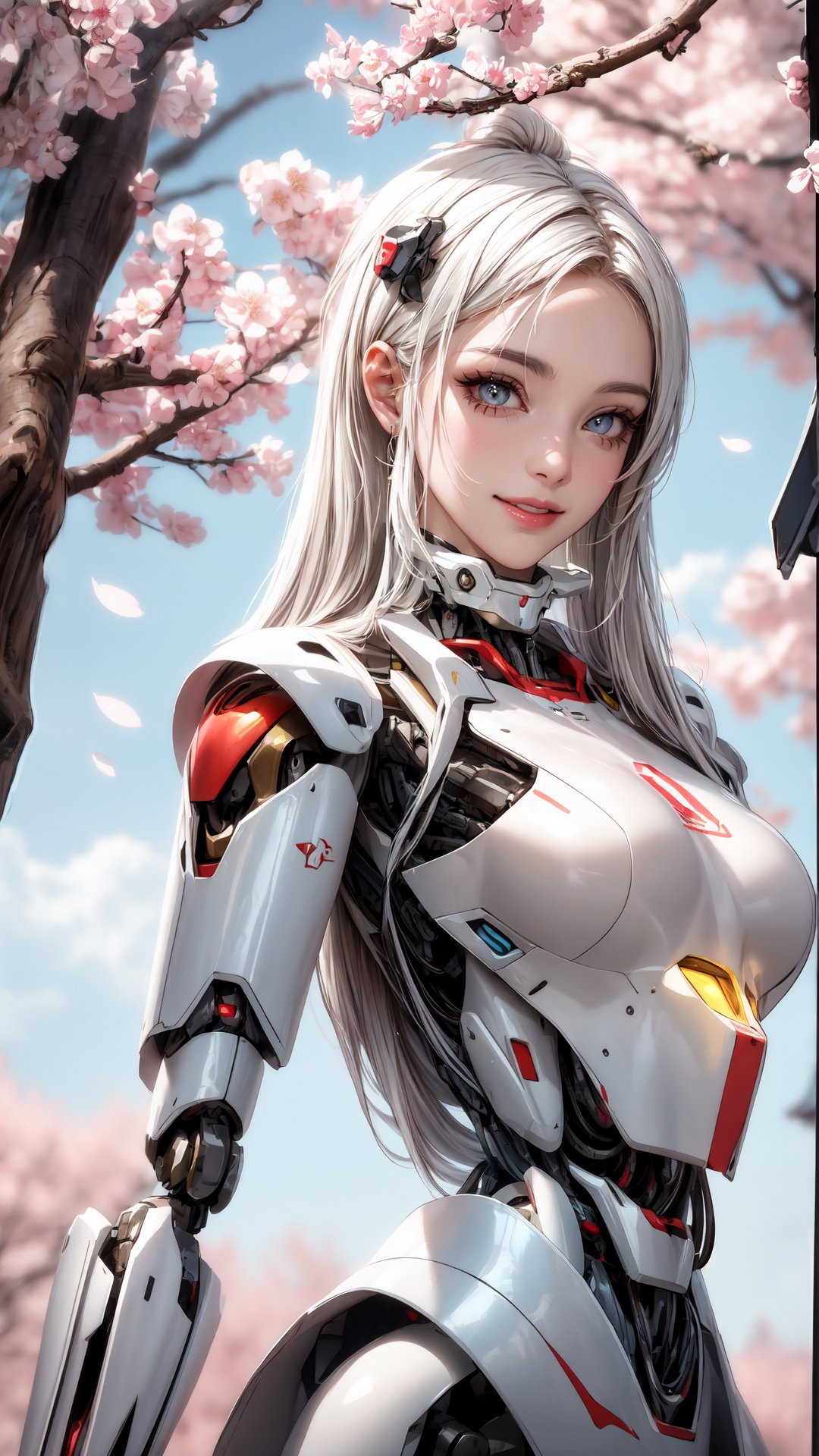 masterpiece, best quality, 1girl, yellow eyes, Beautiful face, delicate eyes, smile, long hair, white hair, tree, stairs, standing, sky, cherry blossoms, temple, looking at viewer, upper body, from below, looking back, ((Mecha)), young girl, Cyberpunk, CyberMechaGirl