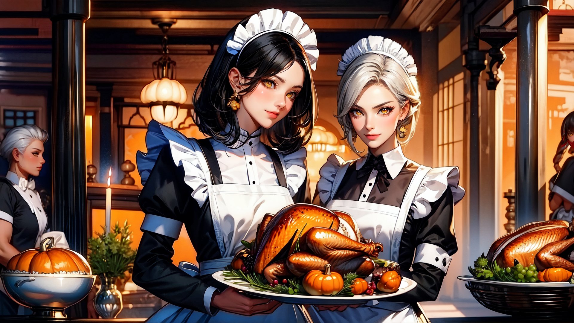 (masterpiece), (thanksgiving:1.4), (2girls, multiple girls:1.2), maid apron, (maid headdress:1.2), silver hair, purple eyes, BREAK, black hair, cat ears, medium breasts, (yellow eyes:1.1),Cyberpunk,Thanksgiving turkey