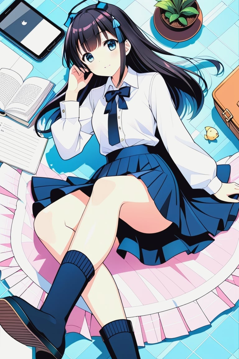 Anime style，Best quality,masterpiece,ultra high resoutdoors, 1girl, solo, skirt, sitting, socks, limited palette, black skirt, bed, black socks, flat color, phone, shirt, black hair, school uniform, fish, mushroom, book, bag, white shirt, from above, kneehighs, broom, on bed, cellphone, smartphone, long sleeves(dynamic angle),<lora:neg4all_bdsqlsz_xl_V7:-2>, <lora:add-detail-xl:3>