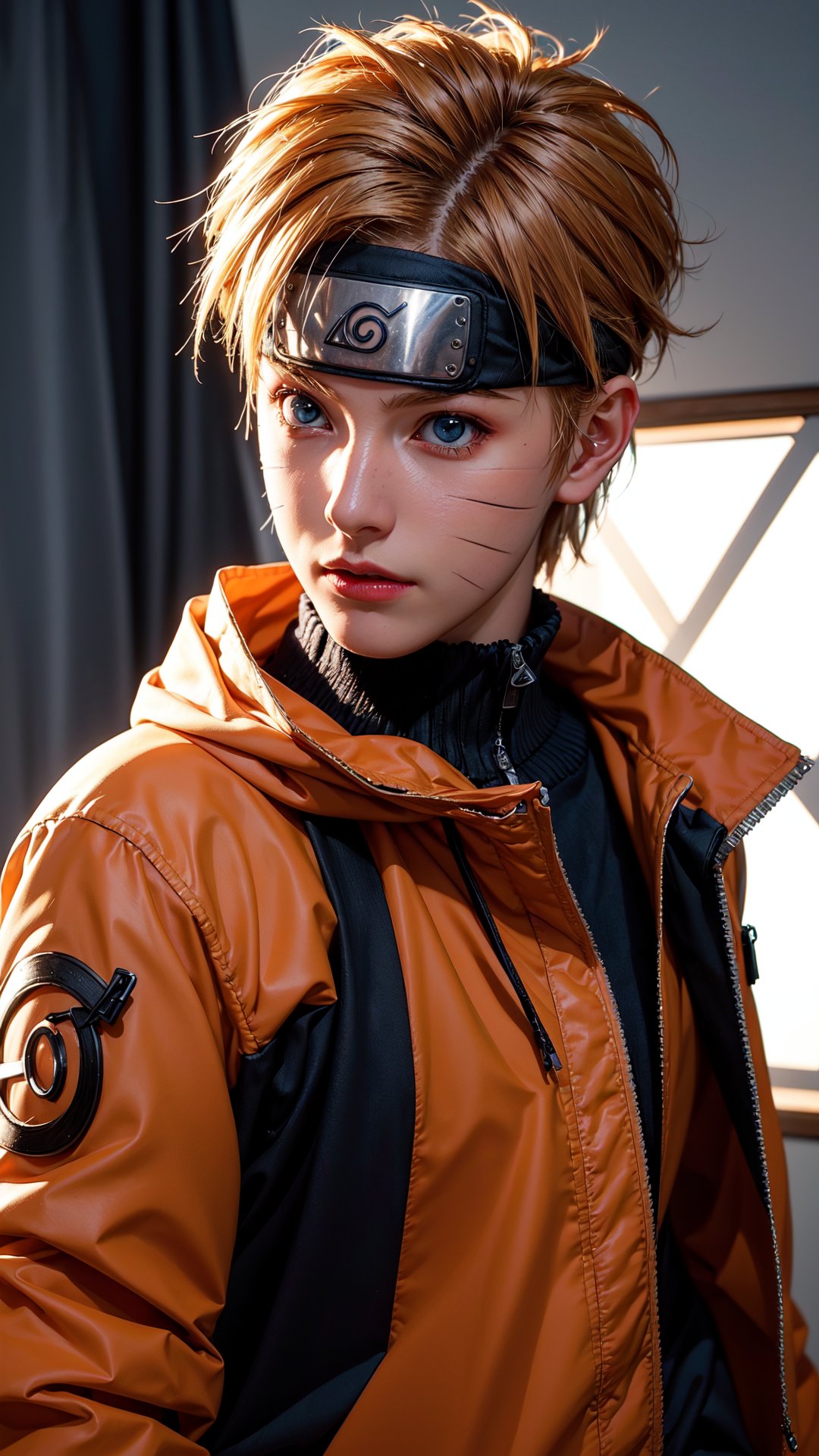 (best quality, masterpiece:1.2), photorealistic, ultra high res, front lighting, intricate detail, Exquisite details and textures, n4rut0, 1boy, (facial mark), solo, whisker markings, forehead protector,spiked hair, (orange hair),looking at viewer, blue eyes, jacket, (konohagakure symbol), short hair, long sleeves, ninja, detailed face, professional lighting, photon mapping, radiosity, physically-based rendering,n4rut0,Germany Male