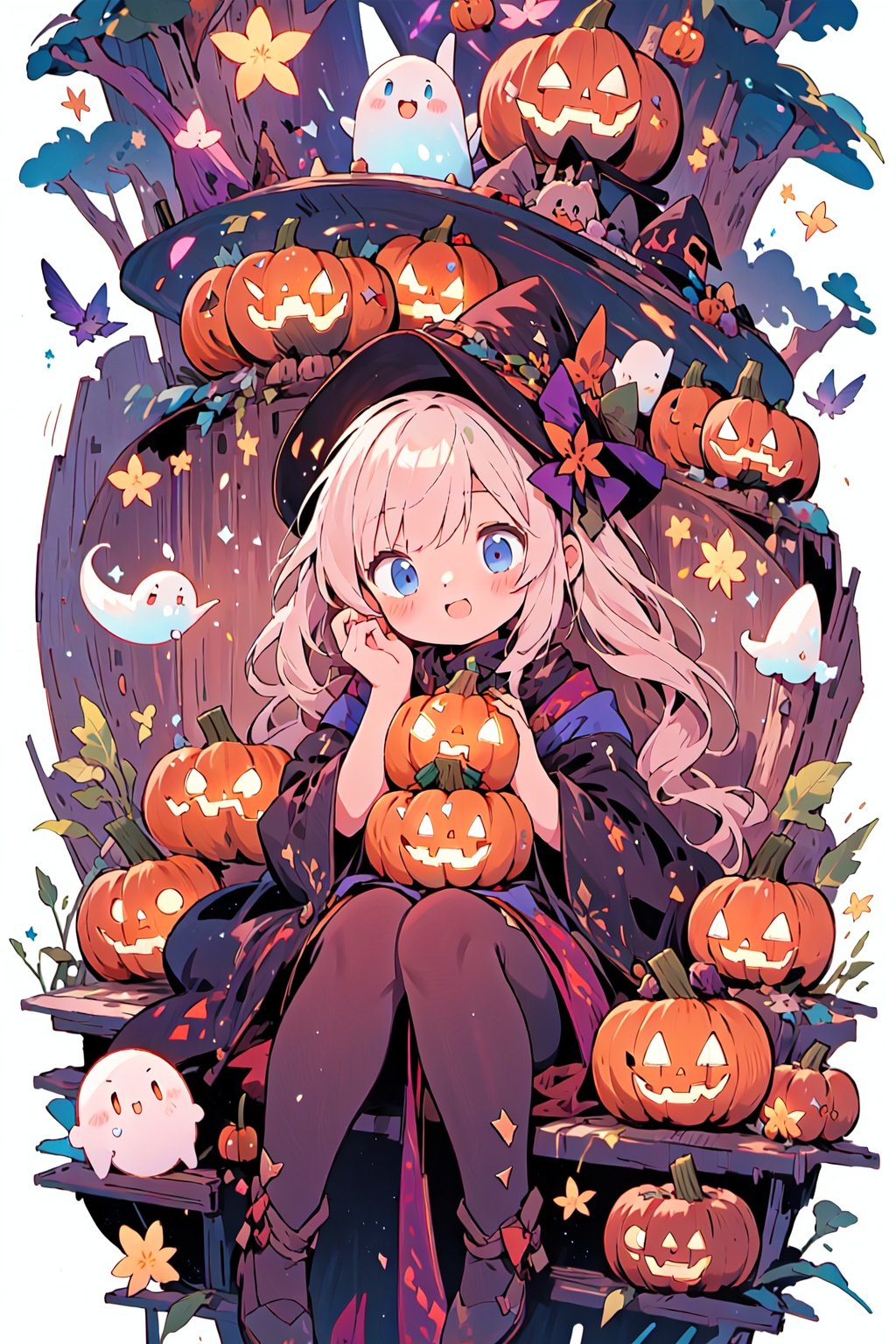 Best picture quality, cute art style, a cute little girl, mysterious forest, holding a pumpkin lantern, following a floating, cute little ghost, full of details