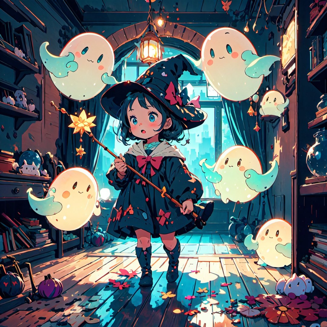  A room, a cute little girl casting spells, surrounded by many cute little ghosts floating around