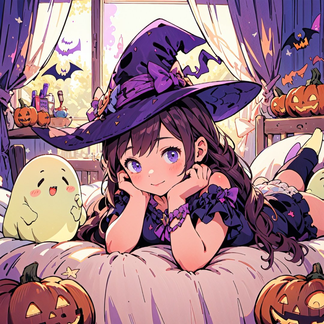  Halloween, a beautiful and lovely little girl, lying by the bed, surrounded by many cute little ghosts