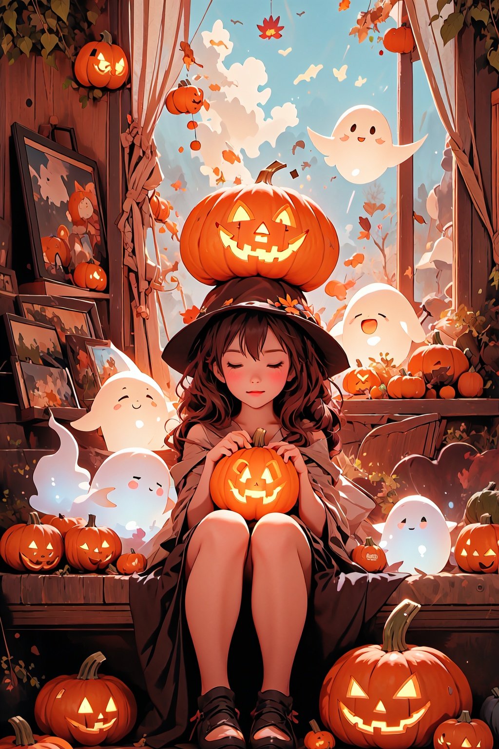  Best picture quality, cute art style, a cute little girl, mysterious forest, anthropomorphic tree spirit, holding a pumpkin lantern, following a floating, cute little ghost, full of details