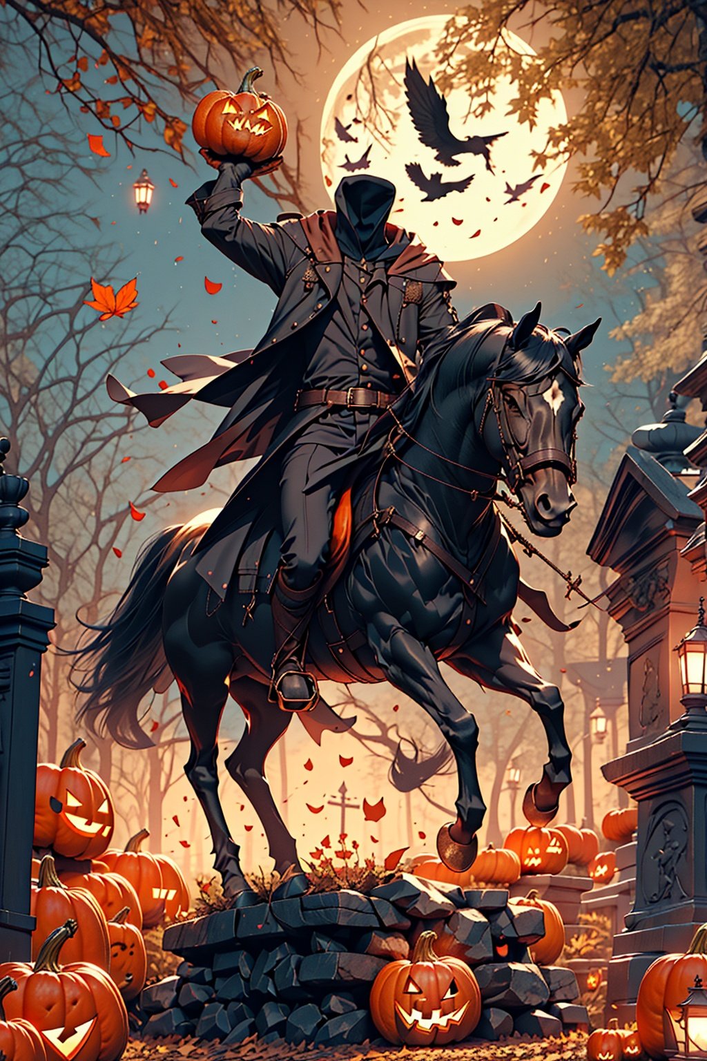 1boy,riding,horse,headless,pumpki head,male focus,moon,horseback riding,tree,night,jacket,belt,outdoors,full moon,hood,bare tree,tombstone,lantern,solo,cloak,