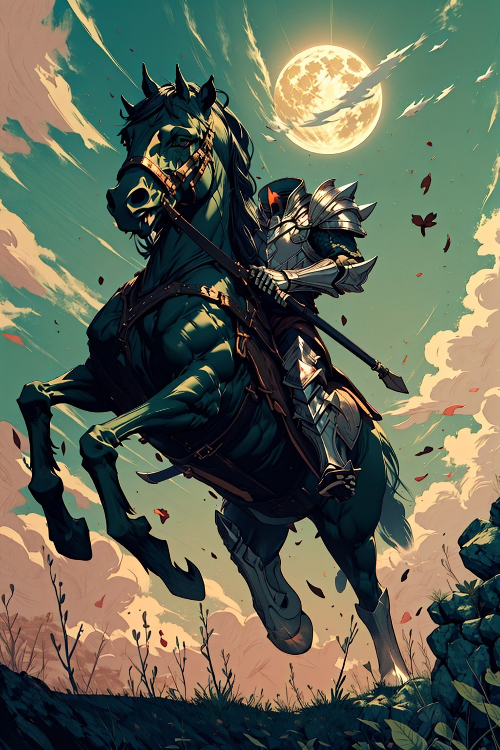 1boy,headless,horse,riding,solo,horseback riding,spikes,male focus,weapon,full moon,night,sky,cloud,skeleton,shoulder armor,greaves,green light,