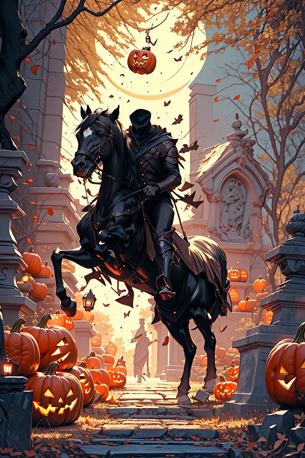 1boy,riding,horse,headless,pumpki head,male focus,moon,horseback riding,tree,outdoors,full moon,hood,bare tree,tombstone,lantern,solo,cloak,night,