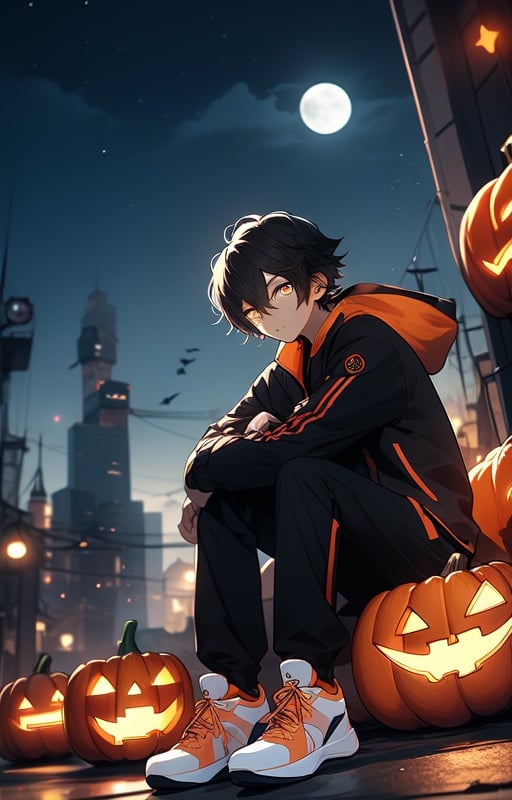 wsj_1, 1boy, jack-o'-lantern, male focus, bat \(animal\), pumpkin, jacket, solo, moon, sitting, night, shoes, sneakers, looking at viewer, sky, white footwear, pants, black hair, full moon, short hair, outdoors, hair between eyes, orange eyes, long sleeves, black pants, halloween, black jacket, hood, night sky, closed mouth, full body, bird, bangs, building, star \(sky\), cloud, brown hair, glowing<lora:MW_wsj_v1:0.8>