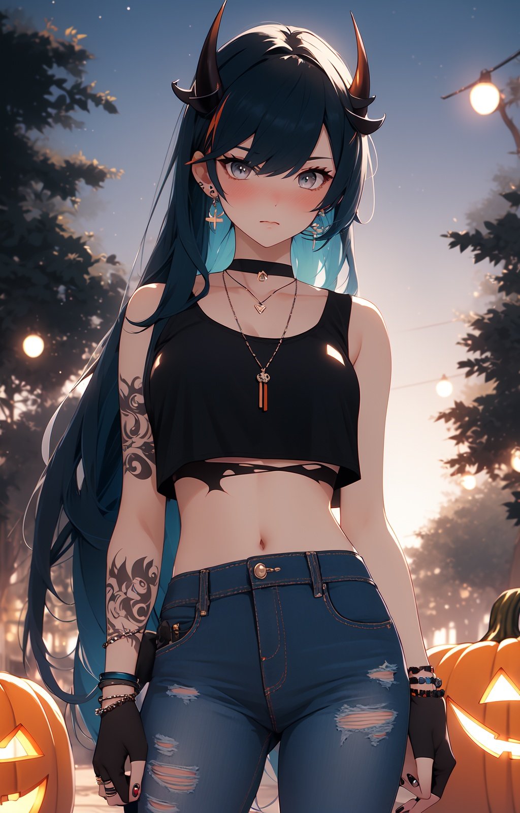 wsj_1, jewelry, pants, long hair, horns, earrings, blue hair, gloves, 1girl, looking at viewer, night, necklace, outdoors, choker, sky, midriff, underwear, panties, cowboy shot, black gloves, closed mouth, breasts, very long hair, solo focus, bare shoulders, navel, fingerless gloves, bracelet, highleg panties, crop top, night sky, shirt, black choker, highleg, multicolored hair, single glove, black pants, torn clothes, jeans, bangs, denim, ear piercing, blush, standing, black nails, halloween, piercing, tree, ring, single horn, black panties, tattoo, tank top, medium breasts, black shirt, jack-o'-lantern, pumpkin, holding<lora:MW_wsj_v1:0.8>