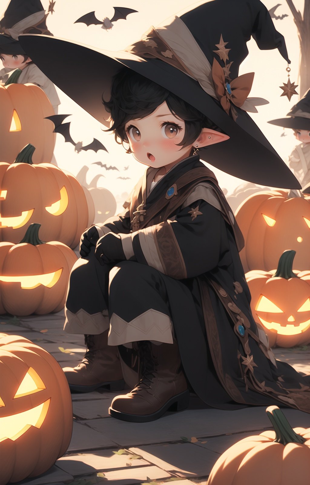 wsj_1, hat, male focus, bat \(animal\), 1boy, witch hat, jack-o'-lantern, black hair, looking at viewer, pumpkin, blush, brown eyes, solo, halloween, lalafell, earrings, gloves, pointy ears, open mouth, jewelry, long sleeves, short hair, bird, harvin, ghost, male child, bangs, :o, swept bangs, black headwear, boots, glowing, too many, child<lora:MW_wsj_v1:0.8>