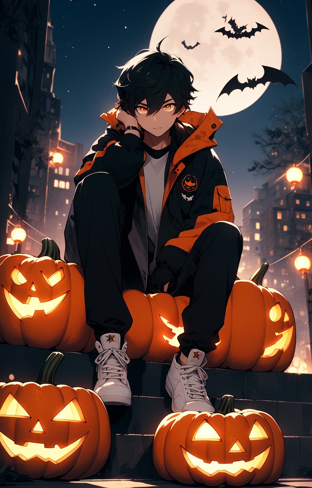 wsj_1, 1boy, jack-o'-lantern, male focus, bat \(animal\), pumpkin, jacket, solo, moon, sitting, night, shoes, sneakers, looking at viewer, sky, white footwear, pants, black hair, full moon, short hair, outdoors, hair between eyes, orange eyes, long sleeves, black pants, halloween, black jacket, hood, night sky, closed mouth, full body, bird, bangs, building, star \(sky\), cloud, brown hair, glowing<lora:MW_wsj_v1:0.8>