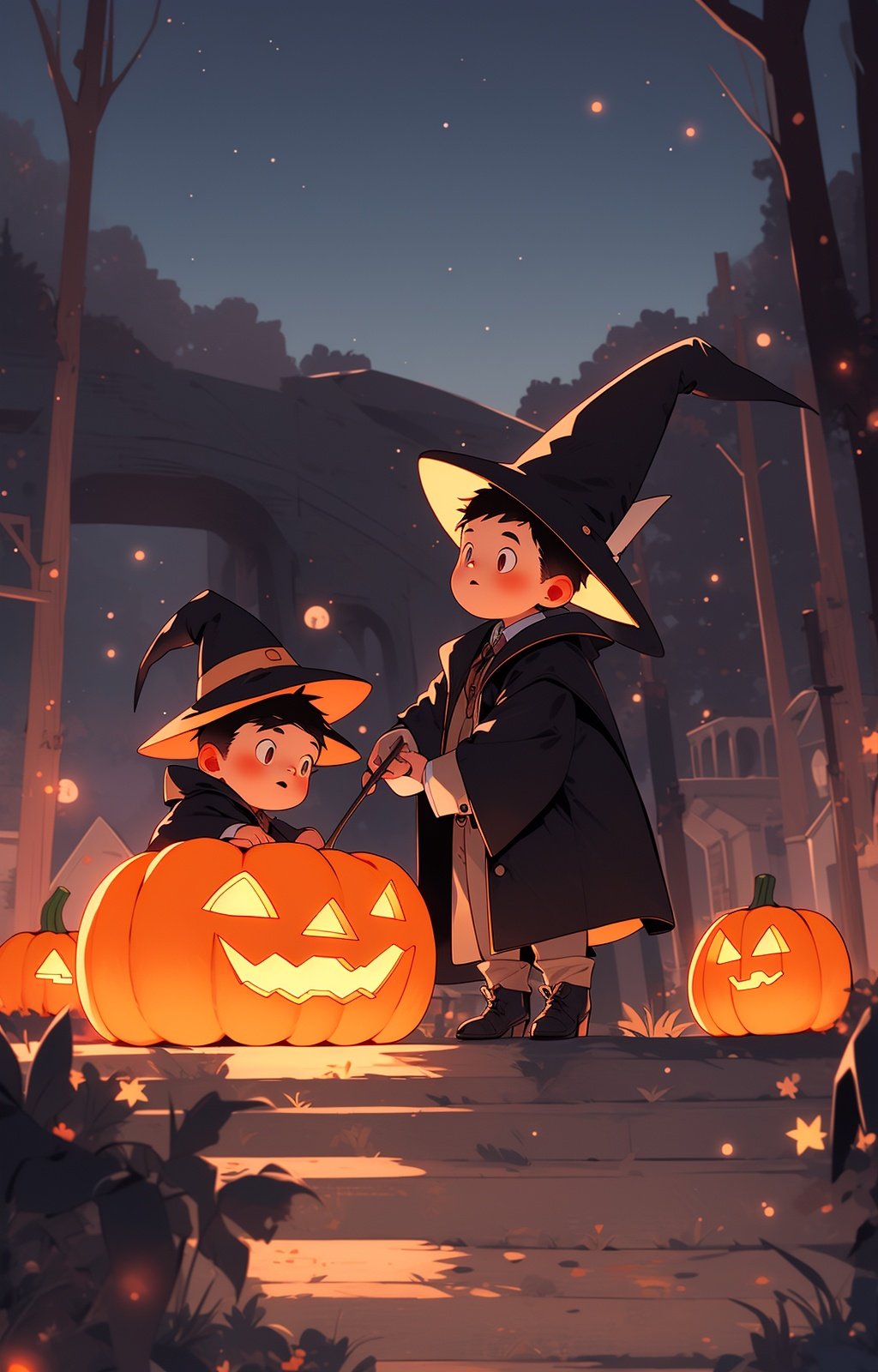 night, jack-o'-lantern, hat, witch hat, pumpkin, 1boy, outdoors,bat