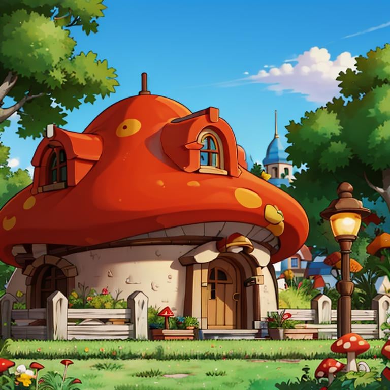 ((masterpiece,best quality)), absurdres,<lora:Henesys_Maple_Story_Anime:0.7>, Henesys_Maple_Story,outdoors, no humans, tree, grass, sky, house, scenery, mushroom, door, window, fence, chimney, sign, plant, building, nature,cinematic composition,